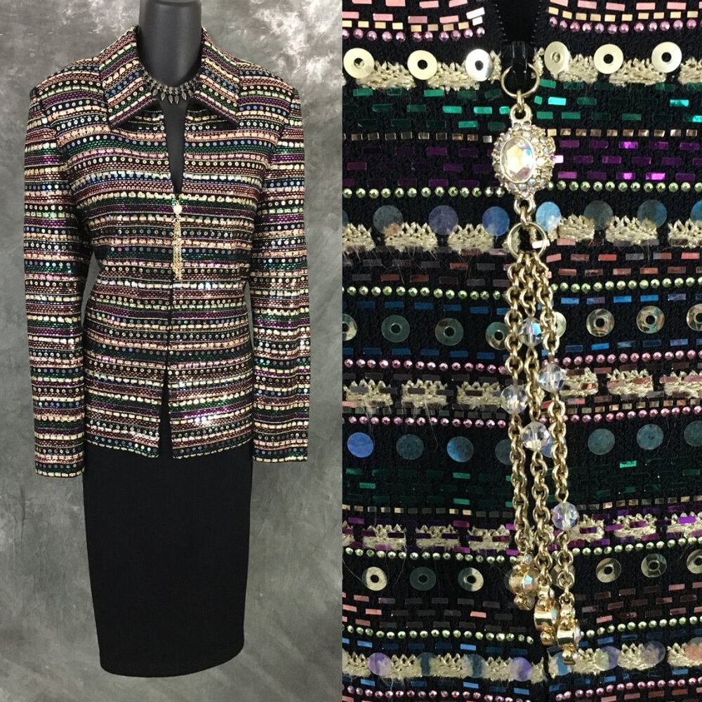 BEAUTIFUL St John evening knit black rhinestones embellished skirt suit 6